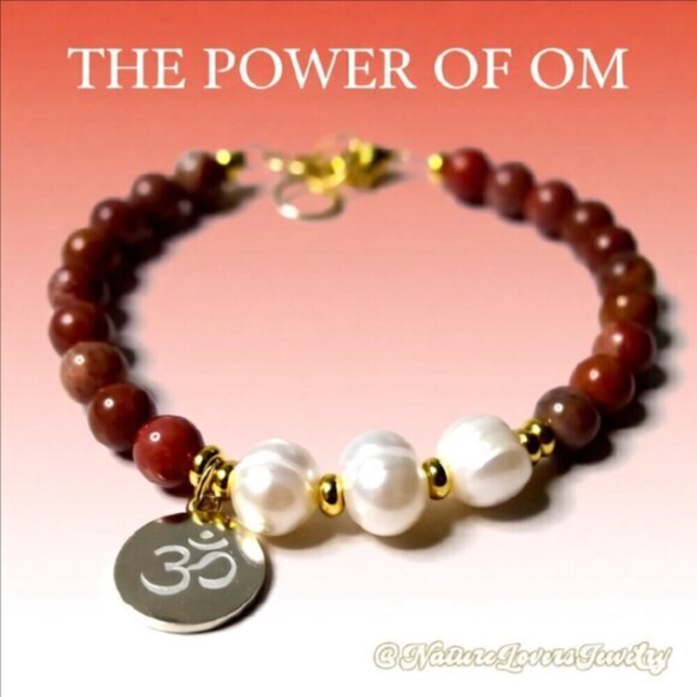 Gold Om Ohm Aum + Genuine Freshwater Pearls + Red Jasper - Mindfulness Bracelet